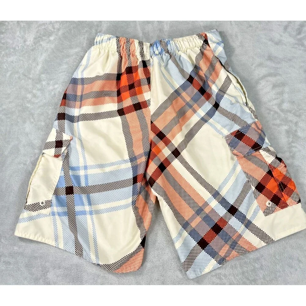 Airwalk Mens Medium Board Shorts Plaid Cargo Swim Trunks Orange Blue White Y2K